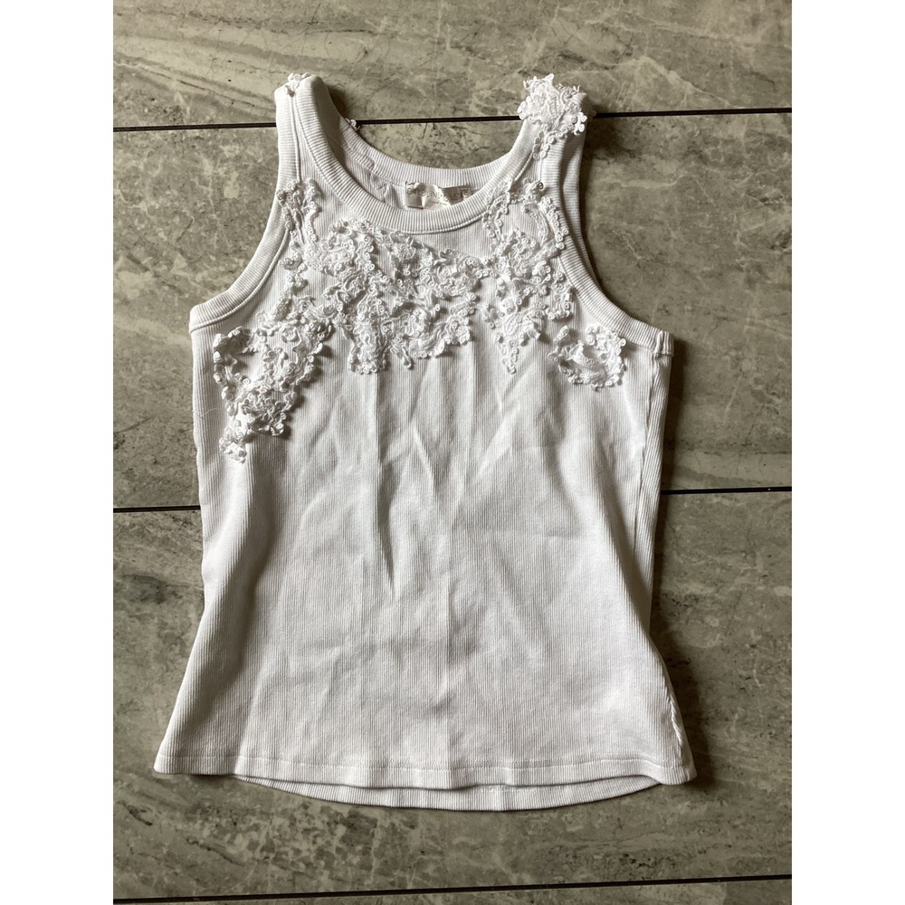 Caroline Constas White Ribbed Lace Applique Tank Top Women Medium Sleeveless